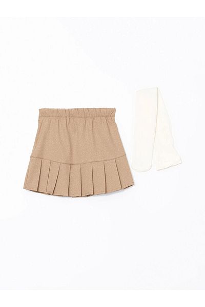 LC Waikiki Lcw Kids Beige Elastic Waist Baby Girl Skirt and Pantyhose Set of 2