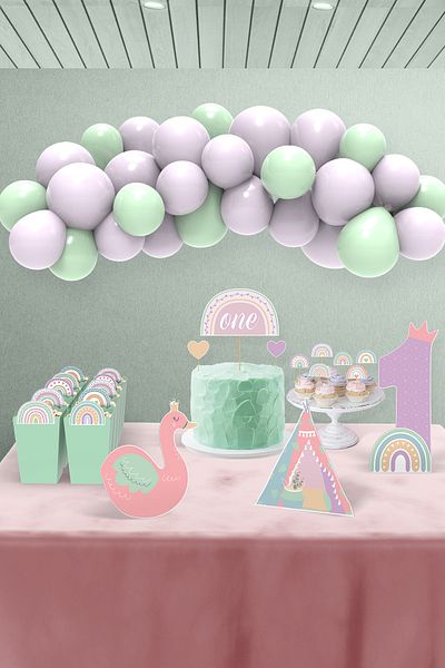 Hey Parti Σετ πάρτι γενεθλίων με θέμα το Boho Rainbow για κοριτσάκι 1 έτους - Midi