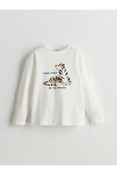 LC Waikiki Lcw Kids Ecru Crew Neck Printed Boys' Suit 2-Piece