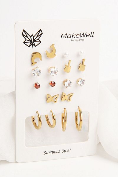 MakeWell Colorfast and Non-Tarnish Steel Earrings - Set with Dolphin, Butterfly Guitar and Zircon Stone