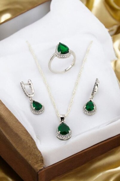 Moda Gümüş 925 Ayar Gümüş Zirkon Zümrüt Taşlı Set - Kolye, Küpe, Yüzük