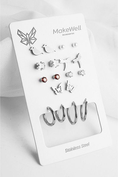MakeWell Colorfast Anti-Tarnish Steel Earring Set - Sparrow, Butterfly Dragonfly, Zircon Stone