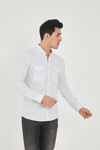 jack carisma Ανδρικό πουκάμισο με διπλό κάλυμμα τσέπης Lycra Cotton Linen Texture Slim Fit