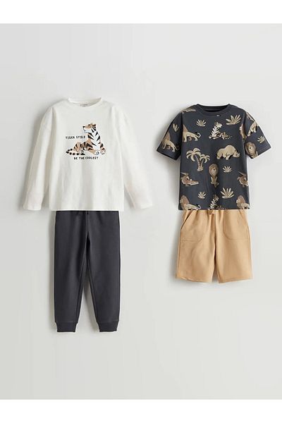 LC Waikiki Lcw Kids Ecru Crew Neck Printed Boys' Suit 2-Piece