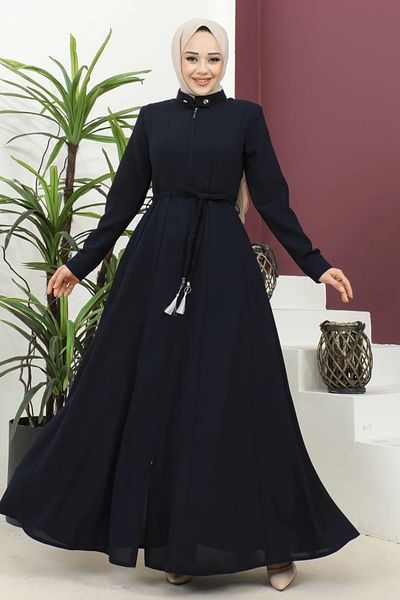 Nevayla Moda Auger Belted Woven Fabric Seasonal Mevlana Ferace - Navy Blue / F0131