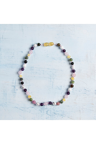 Deniz Doğal Taş قلادة من الأحجار الكريمة الطبيعية مقاس 35 سم - كهرمان، جمشت، كوارتز وردي، هافلات وكالسيت سموكي للأطفال