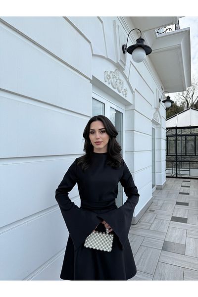 BEYZATURAN Alya Black Dress - Long Slit Flared Skirt and Sleeves with Dormitory Detail