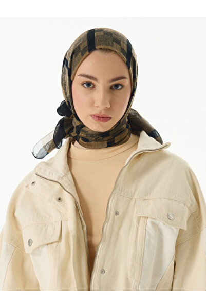 FENZA SCARF Kare Desenli %40 İpek Şal - Hardal