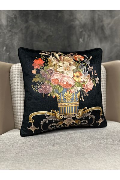 Fabricland Husă de pernă din catifea de mătase importată Damasc cu model negru (MOLAN DUBLĂ)