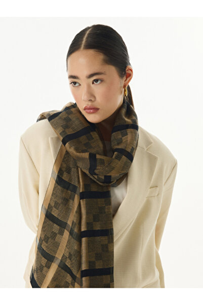 FENZA SCARF %40 İpek %60 Yün Desenli Omuz Şalı - Hardal