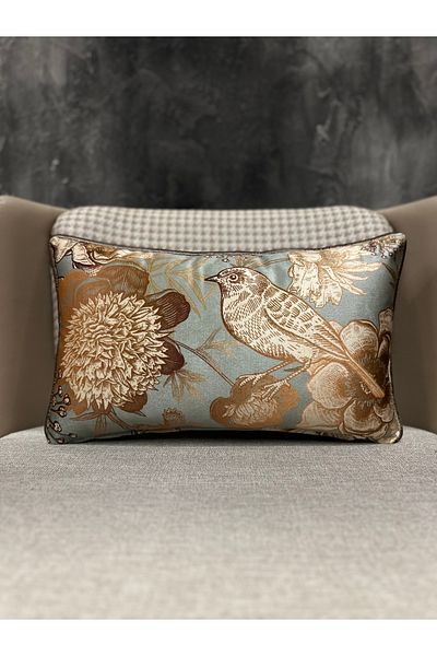 Fabricland Față de pernă din catifea de mătase importată cu model de păsări, verde mentă, 30x50cm (MOLAN DUBLĂ)