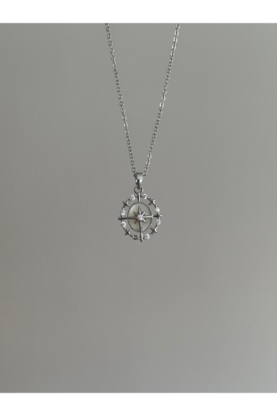 Ephyra Çelik Gümüş Rengi Taşlı Kuzey Yıldızı Kolye