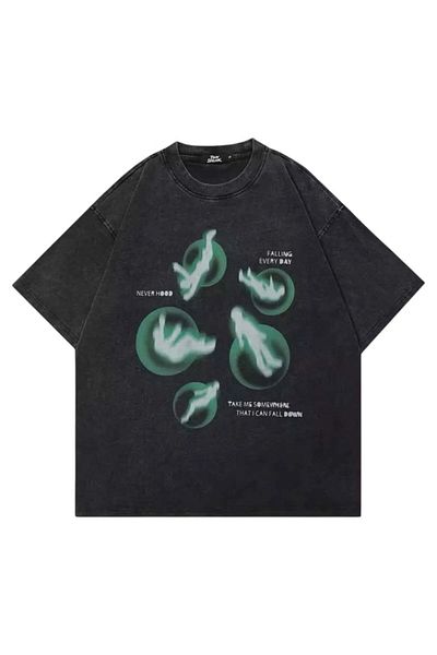 Gofeel Oversize Unisex Washed Ghost Print Detail Short Sleeve T-Shirt