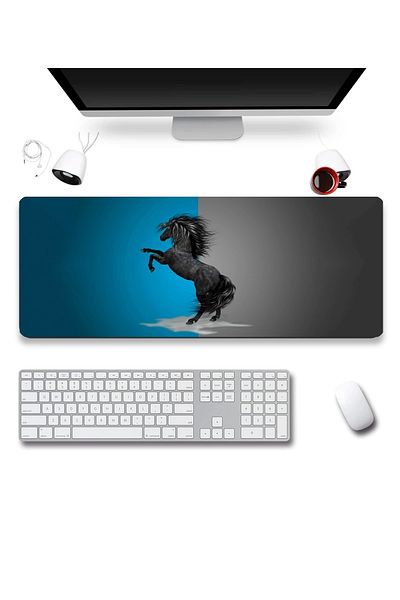 SonicTouch Şahlanan Ahal Teke Blue Gray Gamer Player Seamless Liquid Proof Keyboard Mouse Pad 32X70Cm