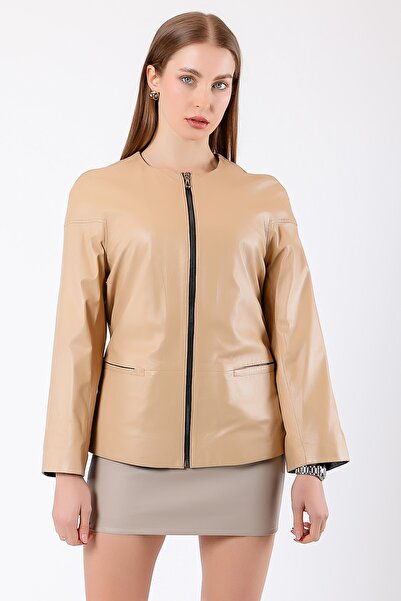 Leather Club Krem Hakiki Deri Ceket
