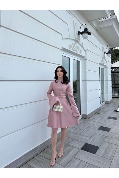 BEYZATURAN Pink Alya Dress - Long Slit Flared Skirt and Made Sleeve