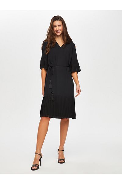 Faik Sönmez Pleated Lace Garnish V-Neck Evening Dress 018