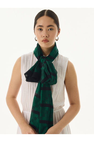 FENZA SCARF %40 İpek %60 Yün Desenli Omuz Şalı - Yeşil