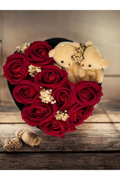 MODA Kalpli Kutuda Hediyelik Kadife Gül & Sarı Ayıcık