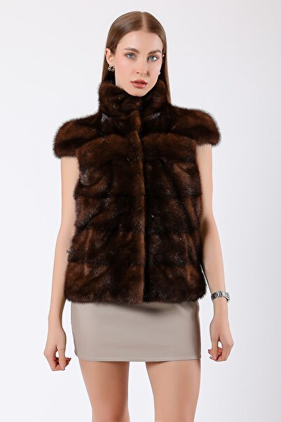 Leather Club Naturel Kahve Mink Kürk Yelek