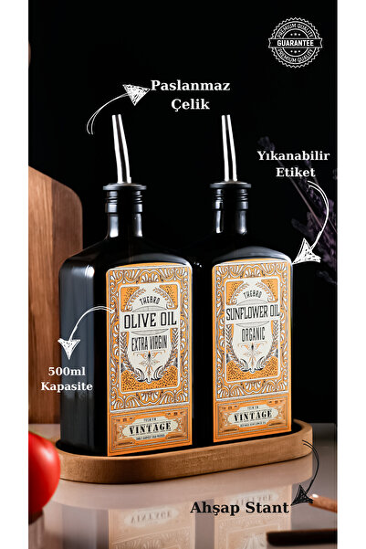 TheBRo 500ml Amber Renkli Ahşap Stantlı New Premium Vintage Zeytinyağı Şişesi...