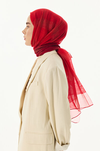 FENZA SCARF Şerit Desenli %40 İpek %60 Yün Şal - Kırmızı