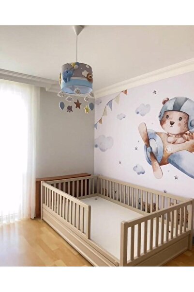Leobabyroom Gri Bulutlu Beyaz Şeritli Mavi Renk Karışık Renk Hayvan Figürlü Ç...