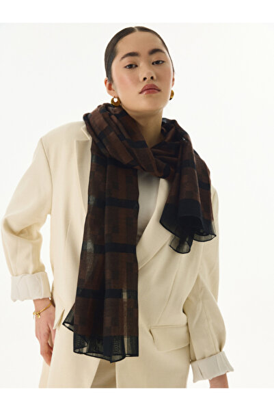 FENZA SCARF %40 İpek %60 Yün Desenli Omuz Şalı - Kahve