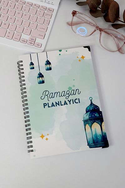 Burak Baskı Tasarım Undated Ramadan Planner, Ramadan Agenda, Diary Worship Tracking, Cardboard Cover, Turquoise Lamp