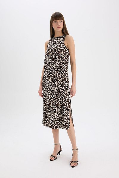 DeFacto Ärmelloses Midikleid aus Satin mit U-Ausschnitt und Leopardenmuster D7593AX25SP