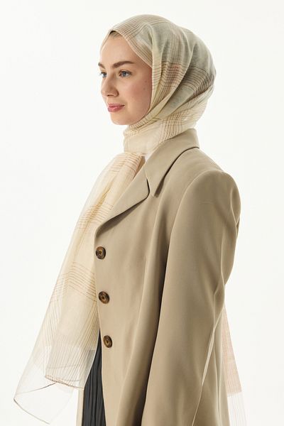 FENZA SCARF Stripe Patterned 40% Silk 60% Wool Shawl - Ecru