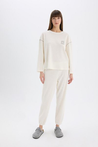DeFacto Fall In Love Velur-Pyjama-Set mit langen Ärmeln für den Valentinstag – langer Pyjama-Boden mit dehnbarer Taille