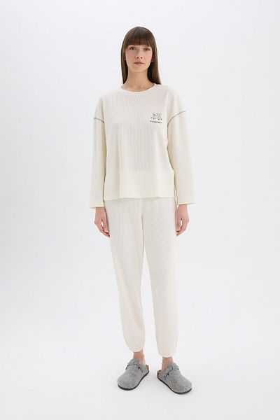 DeFacto Fall In Love Velur-Pyjama-Set mit langen Ärmeln für den Valentinstag – langer Pyjama-Boden mit dehnbarer Taille