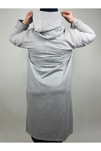 YAŞAR TRİKO Women's Gray Robe Two Side Whole Pocket Hooded Long Sleeve Two Thread Tunic