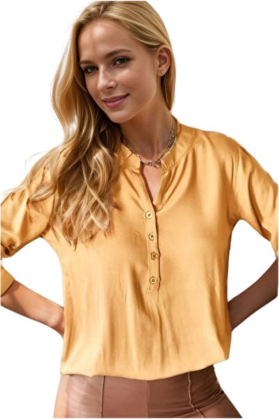 Cassime Kadın Bej Hakim Yaka Düğmeli Kol Katlamalı Viskon Bluz Düğmeli