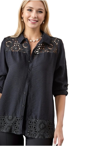 Cassime قميص نسائي بأكمام مطوية ونمط دانتيل وأزرار من نوع آيروبين