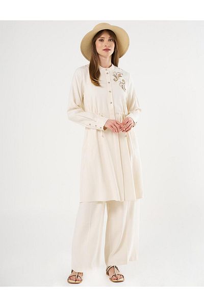 Kayra Ecru Long Tunic - Embroidery Applique and Waist Drawstring