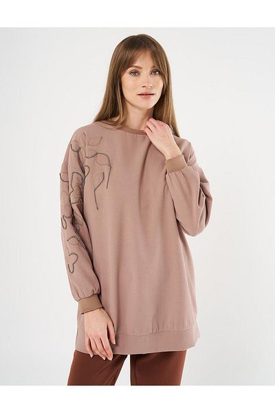 Kayra Mink Crepe Sweatshirt - Floral Applique
