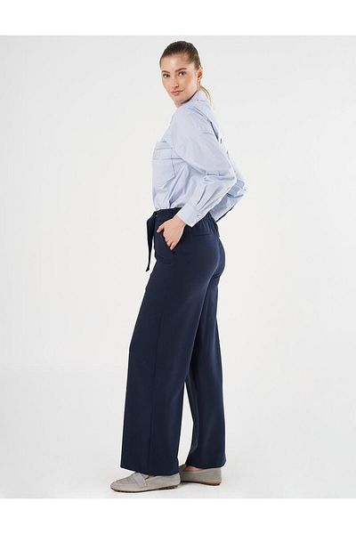 Kayra Metal Buckle Detailed High Waist Trousers Dark Navy