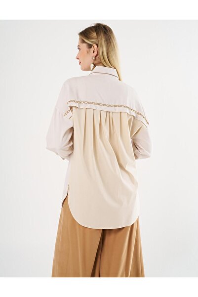 Kayra Zincir Detaylı Gömlek Yaka Tunik Krem