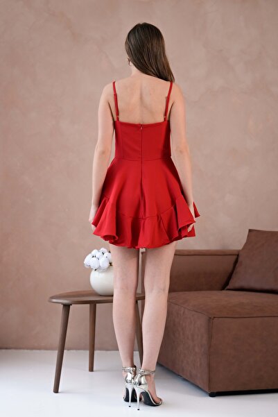 WOMAN VISION Atlas Fabric Thin Suspender Skirt Fold Flared Cutout Princess Model Strapless Neckline Red Dress 102