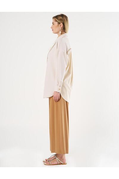 Kayra Zincir Detaylı Gömlek Yaka Tunik Krem