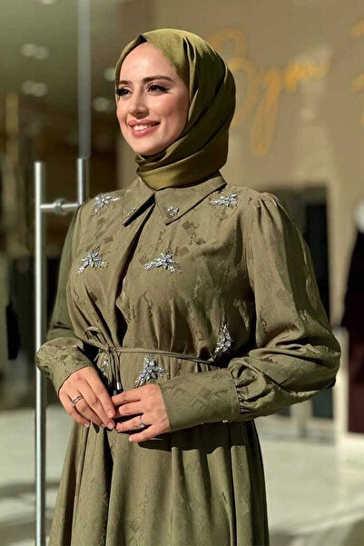 Bym Fashion Khaki Jacquard Dress 3924 - Stone Detail