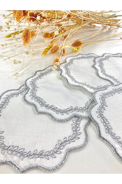 İNCİ ÇEYİZ 6 штук коктейльних серветок та підставок під склянки з вишивкою срібною ниткою на лляній тканині
