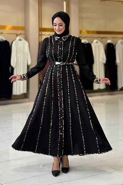 Bym Fashion Black Leopard Ribbed Belt Dress 3930