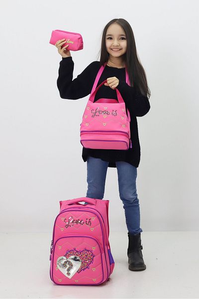 Probag Set de 3 genți de școală tematice pentru fete - Rucsac inimă, cutie termică pentru nutriție, suport pentru stilou
