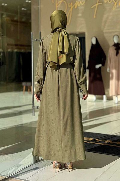 Bym Fashion Χακί Ζακάρ Φόρεμα 3924 - Λεπτομέρεια από πέτρα