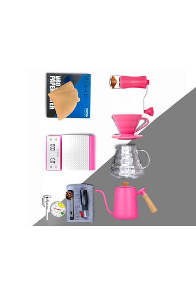 MIBRU V60 Coffee 12pcs Premium Pour Over Manual Coffee Maker With Manual Grinder Dripper Set & Scale Pink