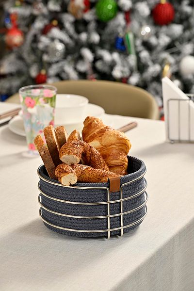 Edora Home Stylish Round Bread Basket - Blue Wicker Knitted, Macrame, Multi-Purpose Metal Stainless