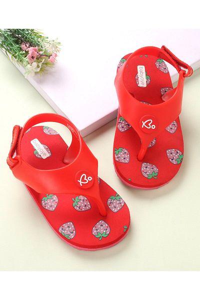 Babyoye Babyoye Flip Flops with Velcro Closure Strawberry Print - Red